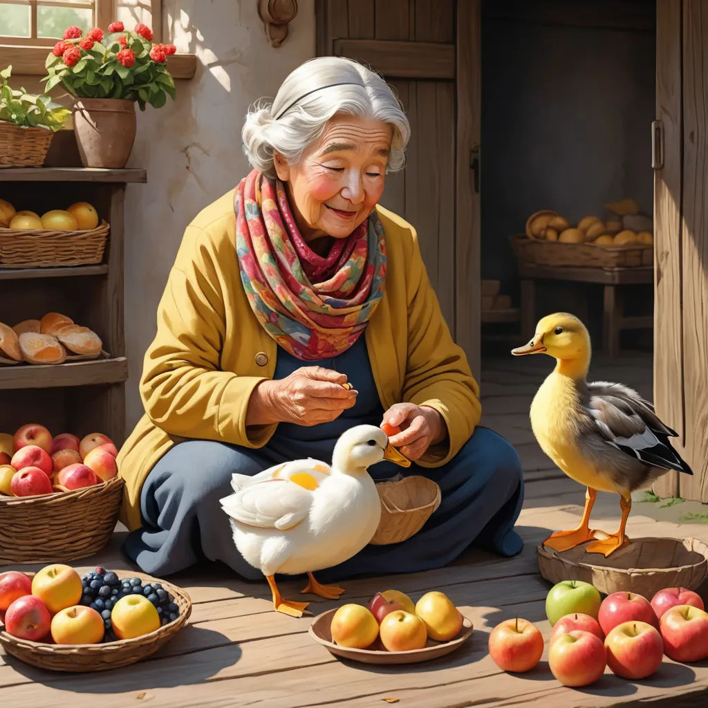a woman sitting on a porch with a duck and a duckling next to a basket of apples and a basket of fruit, american scene painting, a photorealistic painting, Chris LaBrooy, highly detailed digital painting