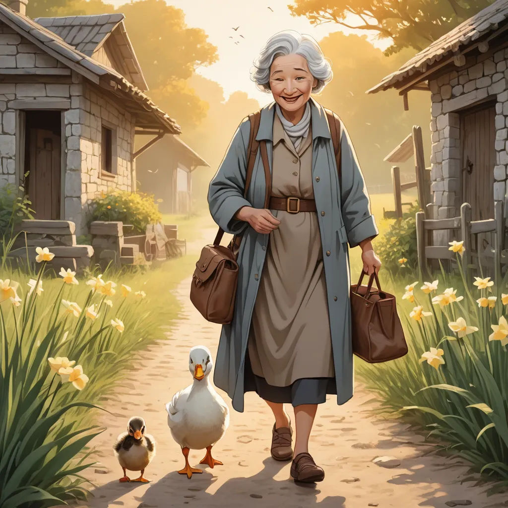 a painting of a woman walking down a path with ducks and ducks nearby on a sunny day with a house in the background, american scene painting, a storybook illustration, Beatrix Potter, storybook illustration