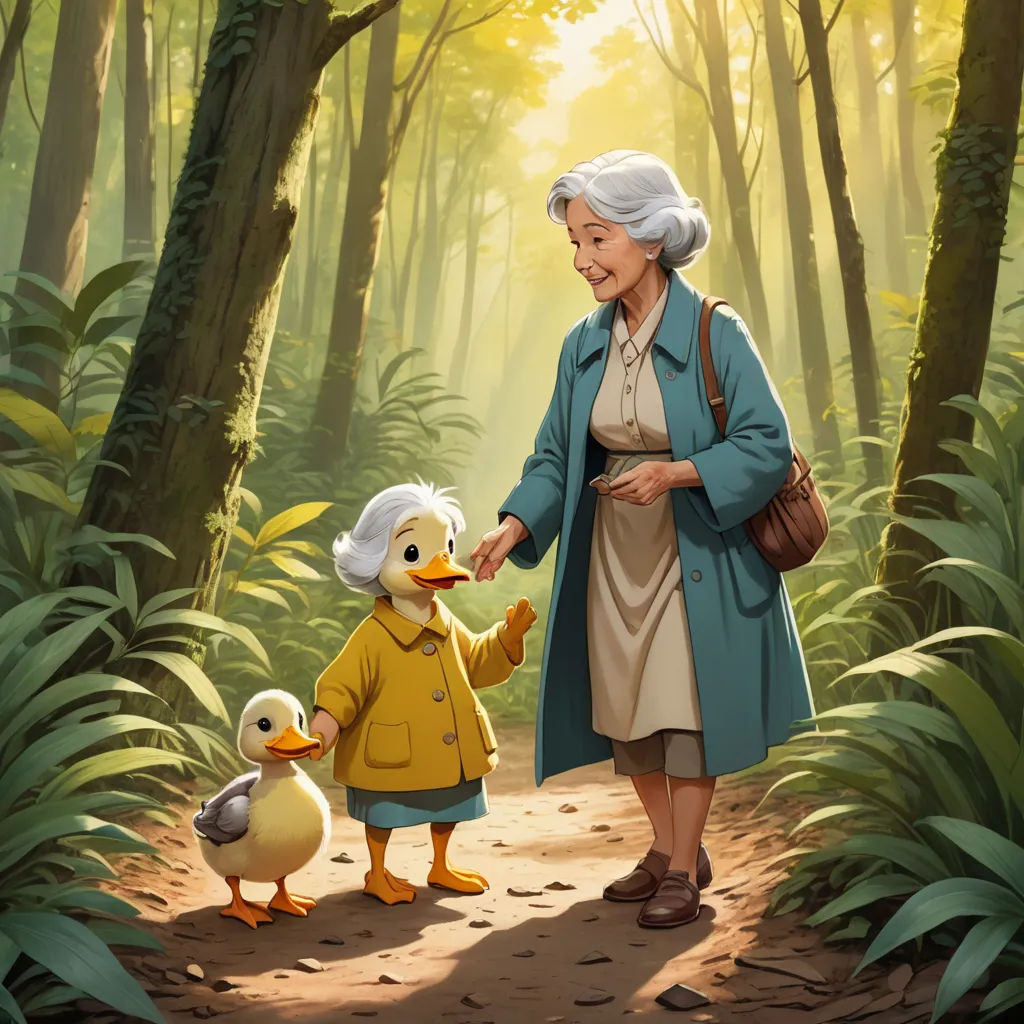 a painting of a woman and a duck in a forest with sunlight coming through the trees and leaves on the ground, fantastic realism, a storybook illustration, Chris LaBrooy, official art