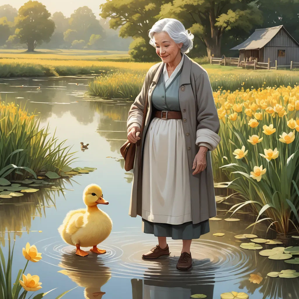 a painting of a woman standing in a pond with a duck in front of her and a house in the background, american scene painting, a storybook illustration, Evgeny Lushpin, ultra realistic digital art