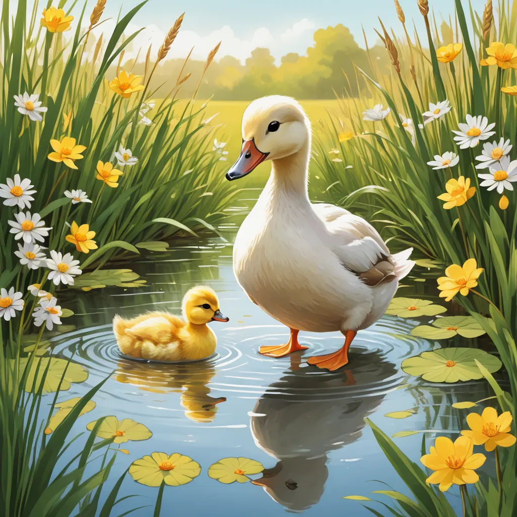 a duck and its duckling are in the water near some flowers and grass and lily pads on the water, massurrealism, a storybook illustration, Anne Said, nature