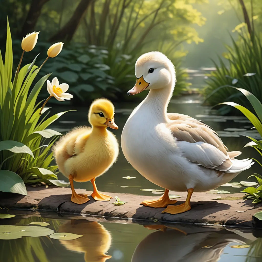 a duck and a duckling are standing on a rock near a pond with lily pads and flowers in the background, photorealism, a digital painting, Anne Said, professional digital painting