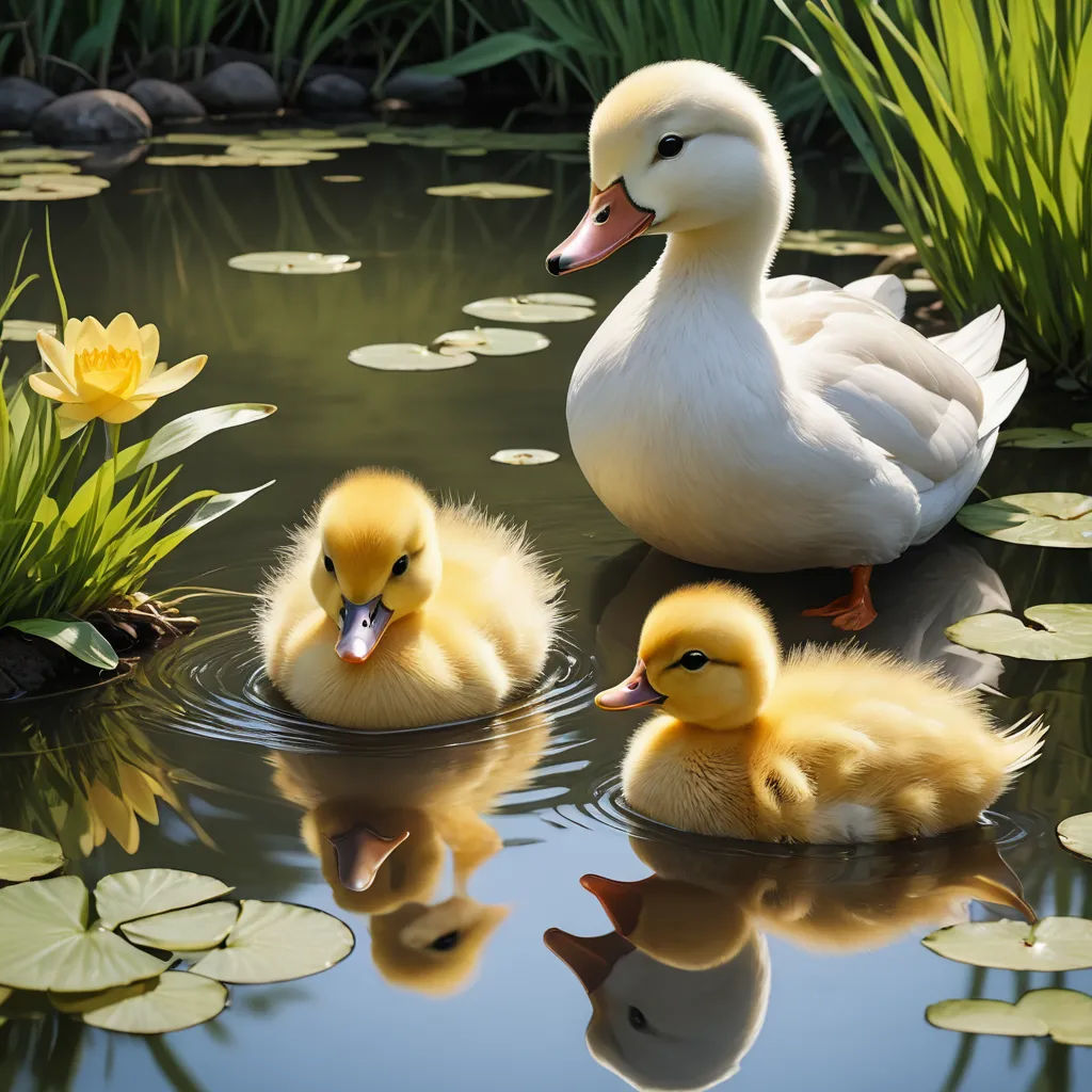 a mother duck with two baby ducks in a pond of water with lily pads and a yellow flower in the background, massurrealism, a stock photo, Anne Said, animal photography
