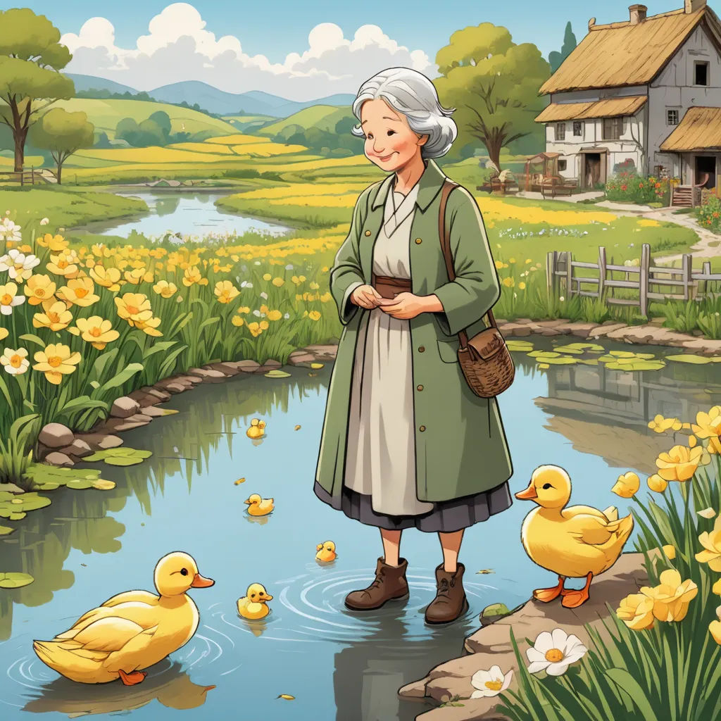 a woman standing in a pond with ducks in front of her and a house in the background with yellow flowers, naive art, a storybook illustration, Anne Said, storybook illustration