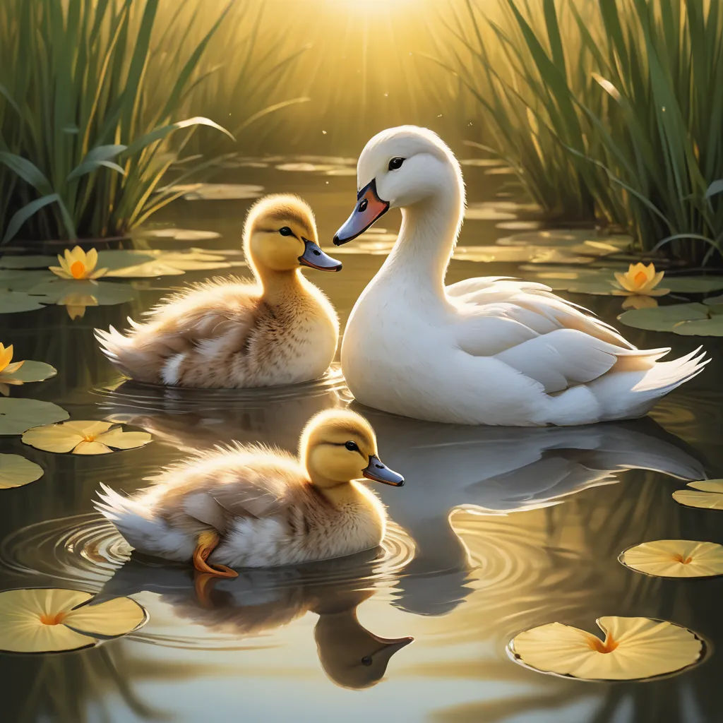 two ducks are swimming in a pond with lily pads and a sun shining in the background, with the reflection of the ducklings in the water, massurrealism, a storybook illustration, Anne Said, highly detailed digital painting