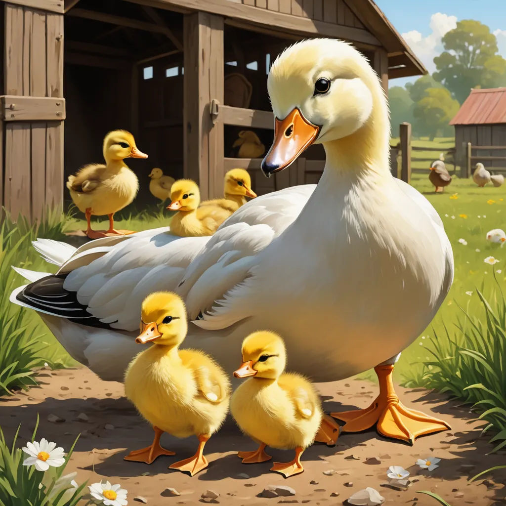 a duck with her chicks in a barn yard by a barn and a barn in the background with a barn in the background, american scene painting, an oil painting, Chris LaBrooy, ultra realistic illustration
