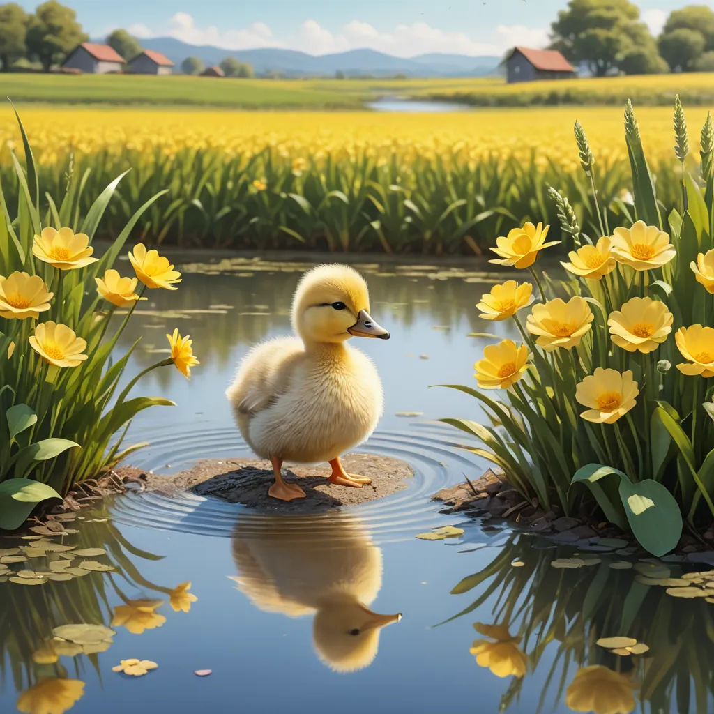 a duckling is sitting on a rock in a pond with yellow flowers in the background and a field of yellow flowers in the foreground, photorealism, a digital painting, Chris LaBrooy, highly detailed digital painting
