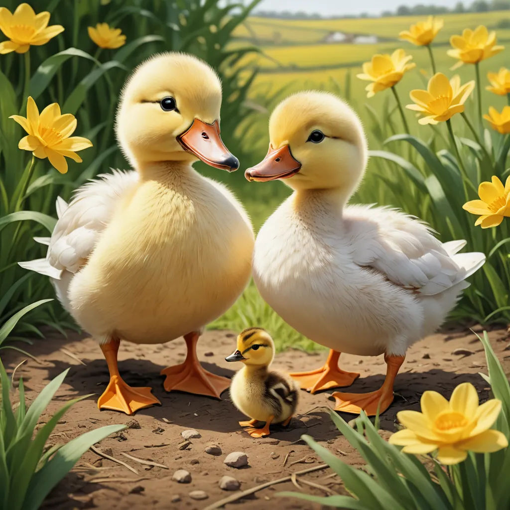 two ducks standing next to each other in a field of flowers and grass with yellow flowers in the background, massurrealism, a storybook illustration, Anne Said, highly detailed digital painting
