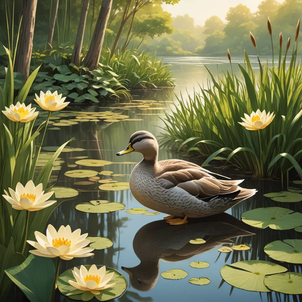 a duck is sitting on a pond with lily pads and water lillies in the background, with a pond with water lillies and trees in the background, american scene painting, a fine art painting, Chris LaBrooy, highly detailed digital painting