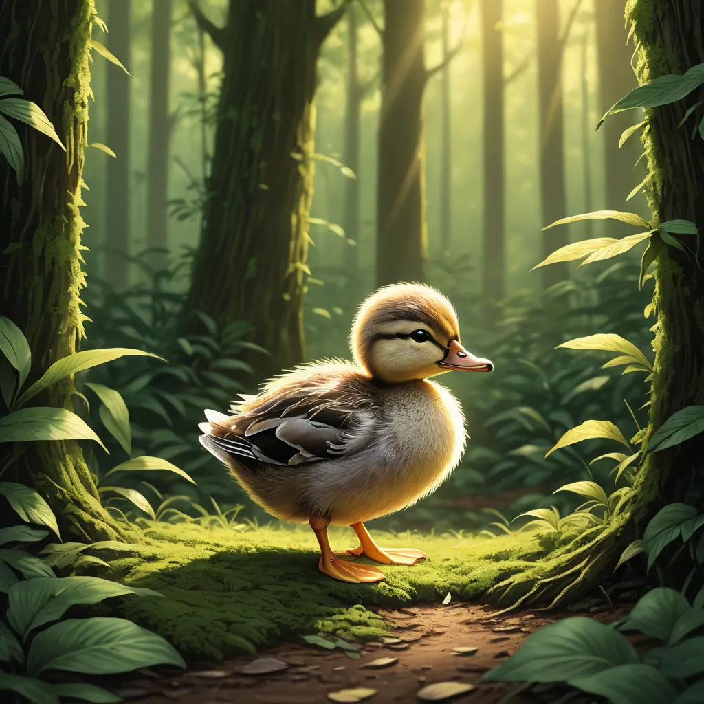 a duck standing in the middle of a forest with a path leading to it's nest and a forest background, photorealism, a digital painting, Chris LaBrooy, rossdraws global illumination