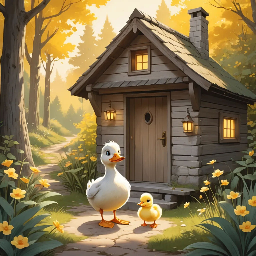a duck and its baby are standing in front of a small cabin in the woods with flowers and trees, american scene painting, a storybook illustration, Chris LaBrooy, storybook illustration