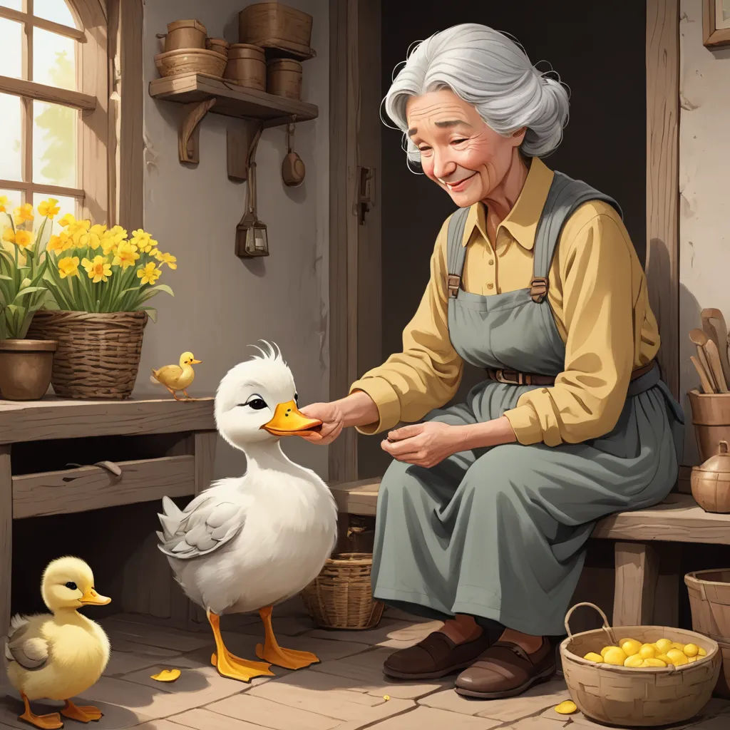 a painting of an elderly woman feeding a duck a piece of food from a basket on a table next to a basket of lemons, american scene painting, a storybook illustration, Anne Said, storybook illustration