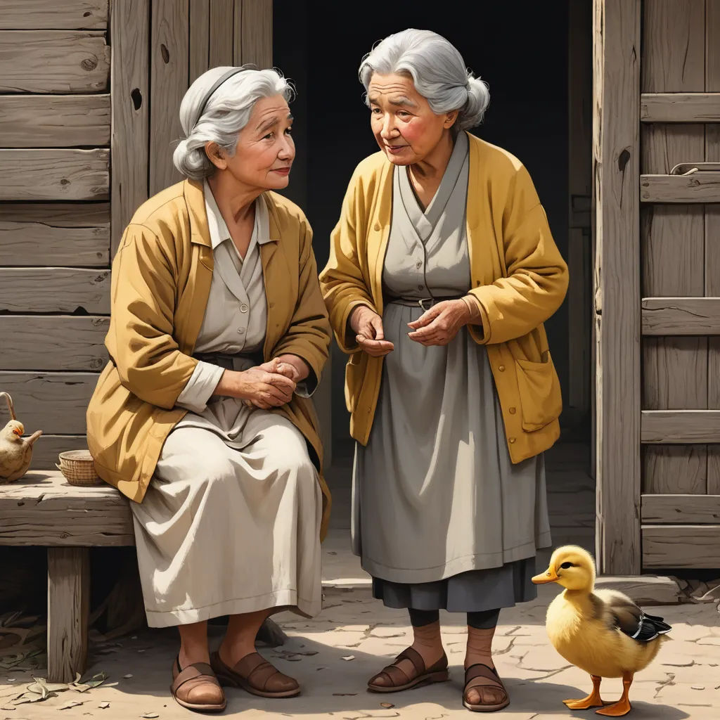 two older women sitting on a bench next to a duck and a duckling toy in front of a wooden building, photorealism, a detailed painting, Byeon Sang-byeok, highly detailed digital painting