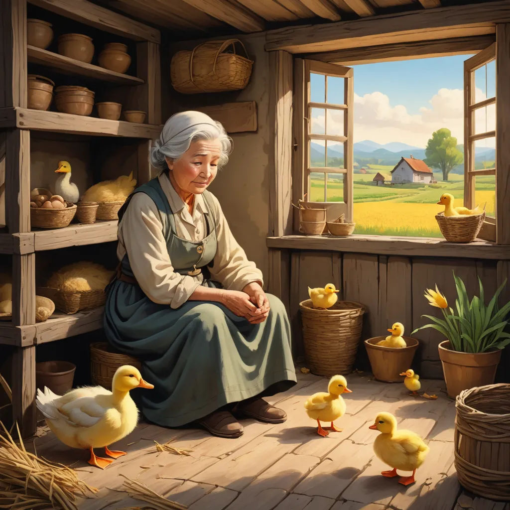 a painting of a woman sitting in a room with ducks and baskets of bread on the floor and a window, american scene painting, a storybook illustration, Anne Said, highly detailed digital painting