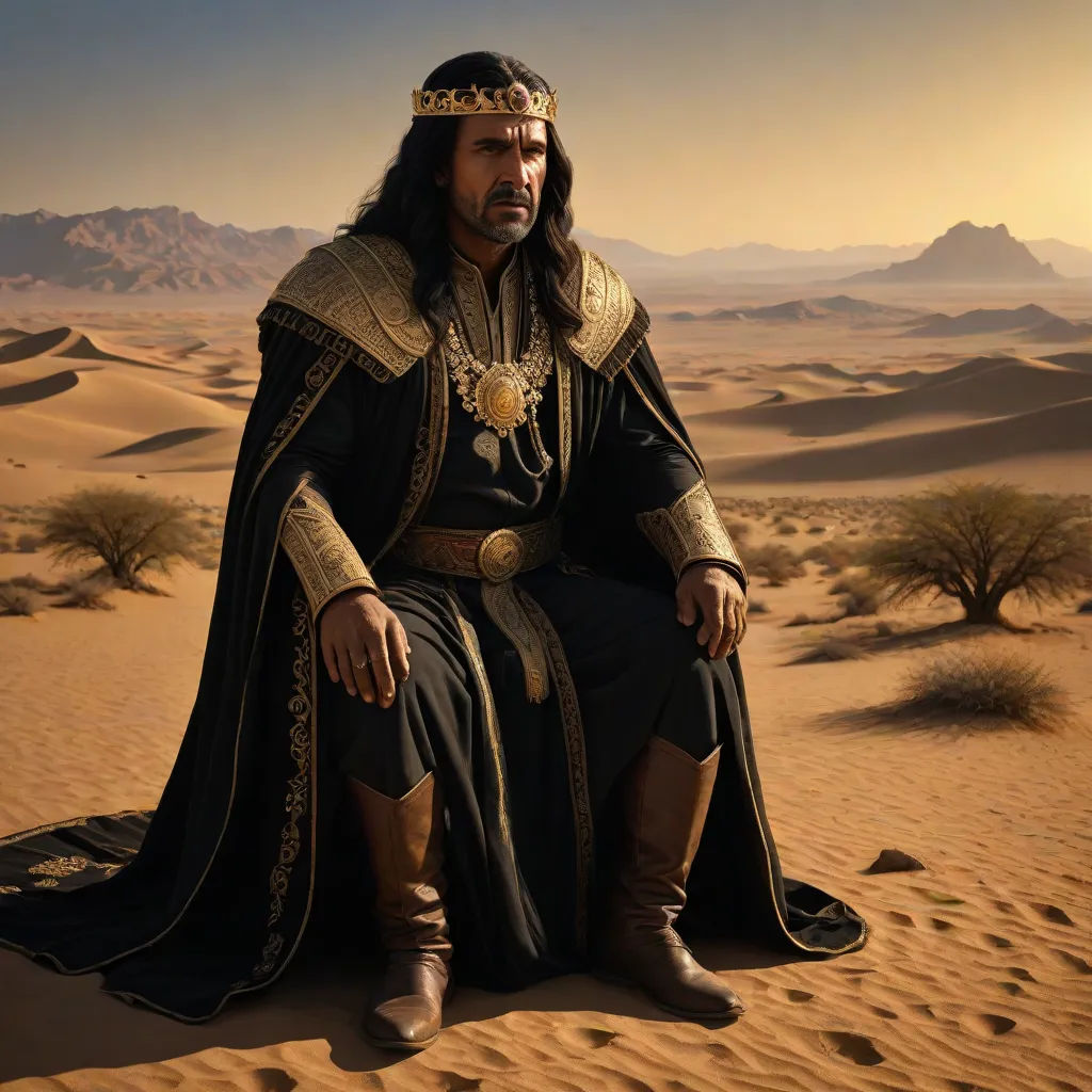 a man in a black and gold outfit sitting on a desert dune with a desert landscape in the background, promotional image, qajar art, a detailed matte painting, Altoon Sultan