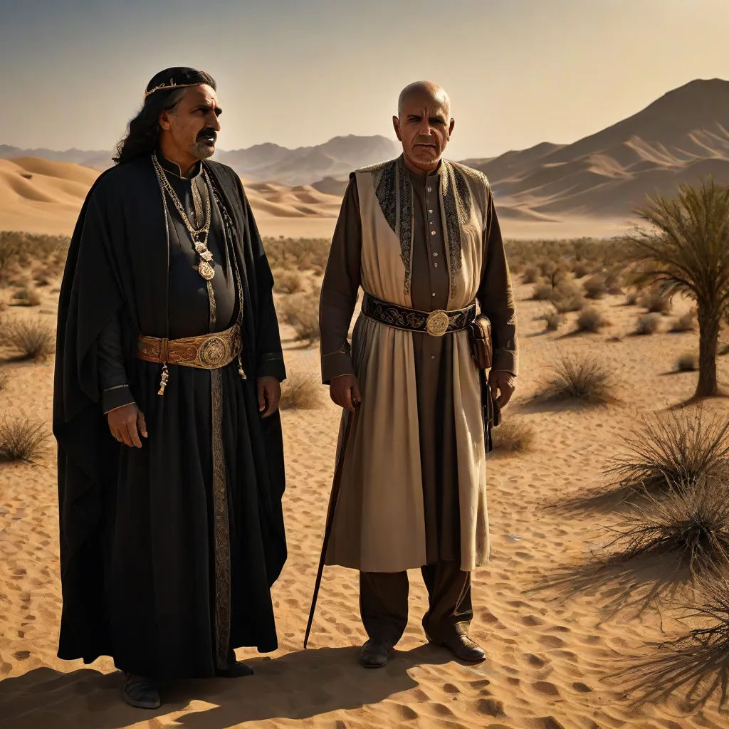 two men in desert attire standing next to each other on a desert area with mountains in the background and sand dunes, promotional image, qajar art, an album cover, Amir Zand