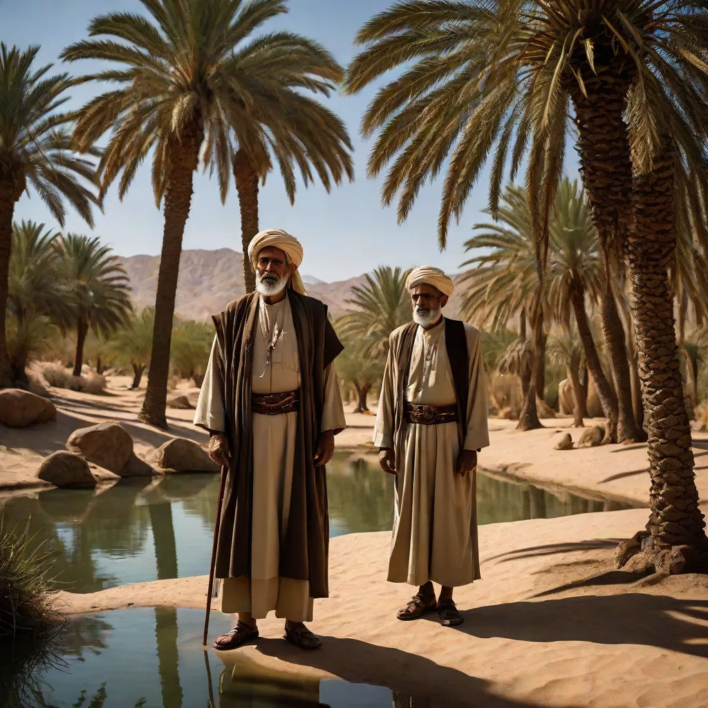 two men in desert attire standing next to a pond of water and palm trees in the background, with a mountain range in the distance, desert, les nabis, a photo, Amir Zand