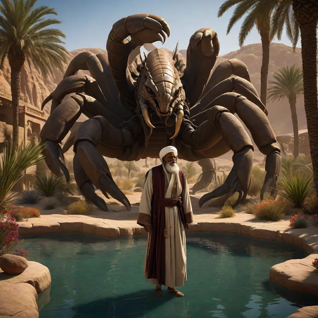a man standing in front of a giant spider in a desert setting with palm trees and a pool of water, unreal engine 5, afrofuturism, computer graphics, Amir Zand