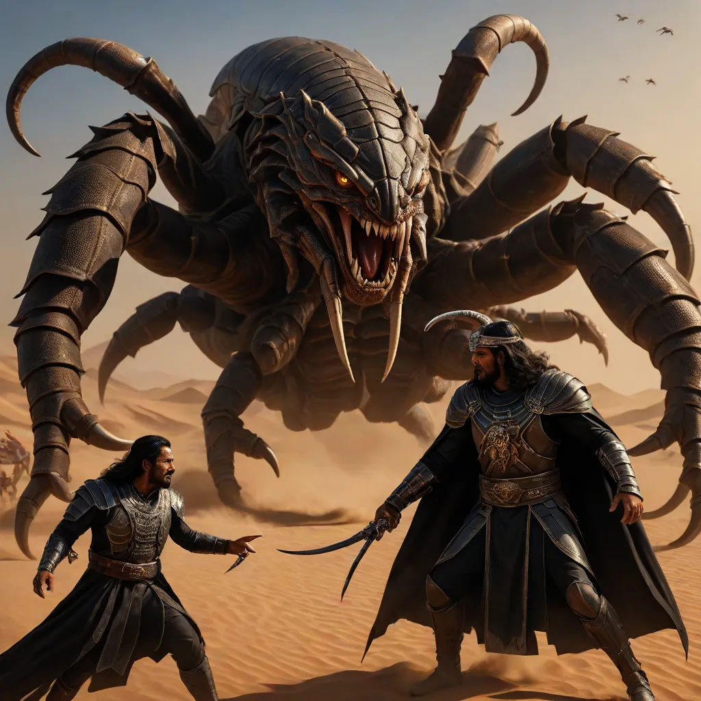 a giant spider with two men in front of it and a giant spider in the background with two men in front of it, epic fantasy character art, fantasy art, concept art, Daryush Shokof