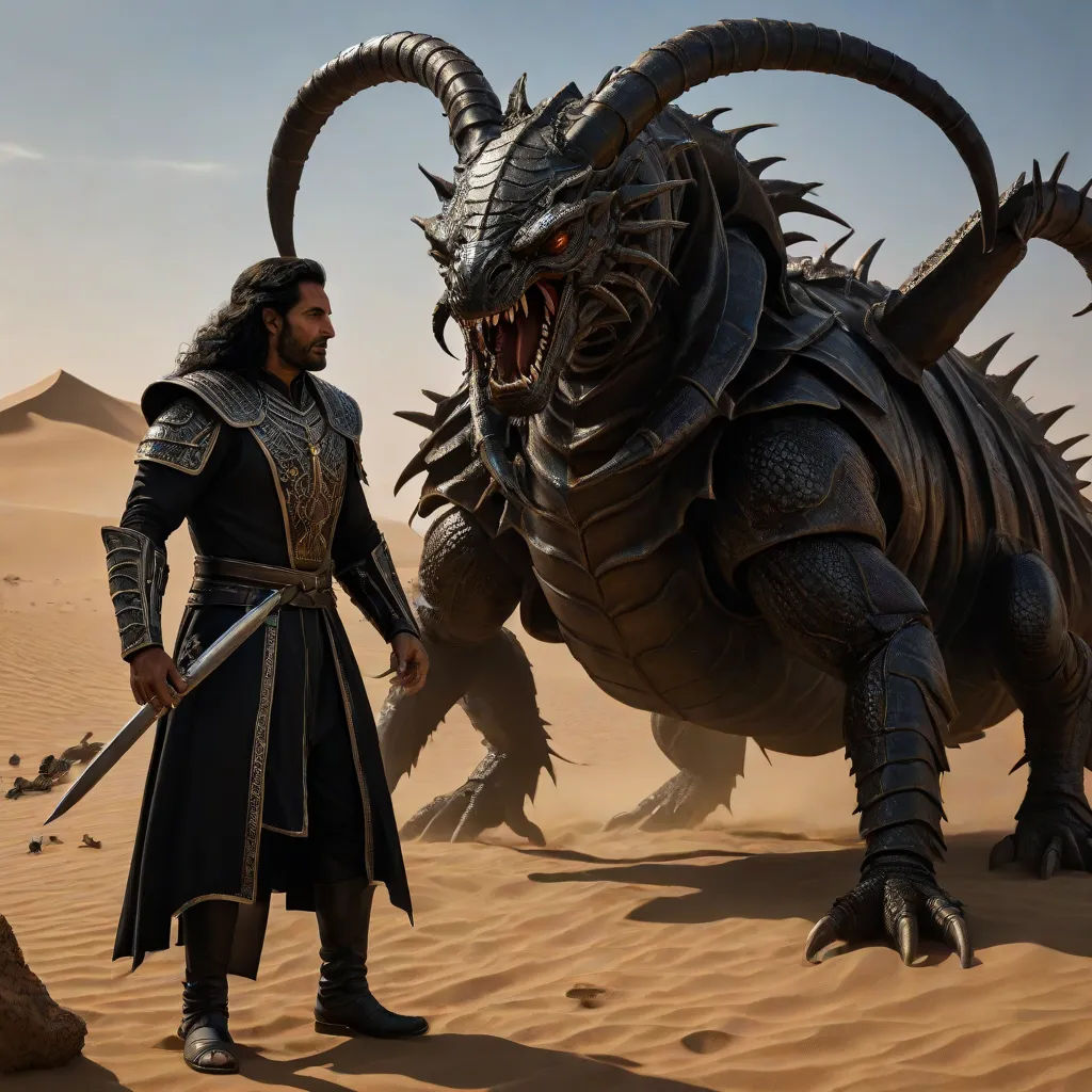 a man standing next to a giant dragon in the desert with a sword in his hand and a man in a suit standing next to it, weta digital, fantasy art, concept art, Daryush Shokof