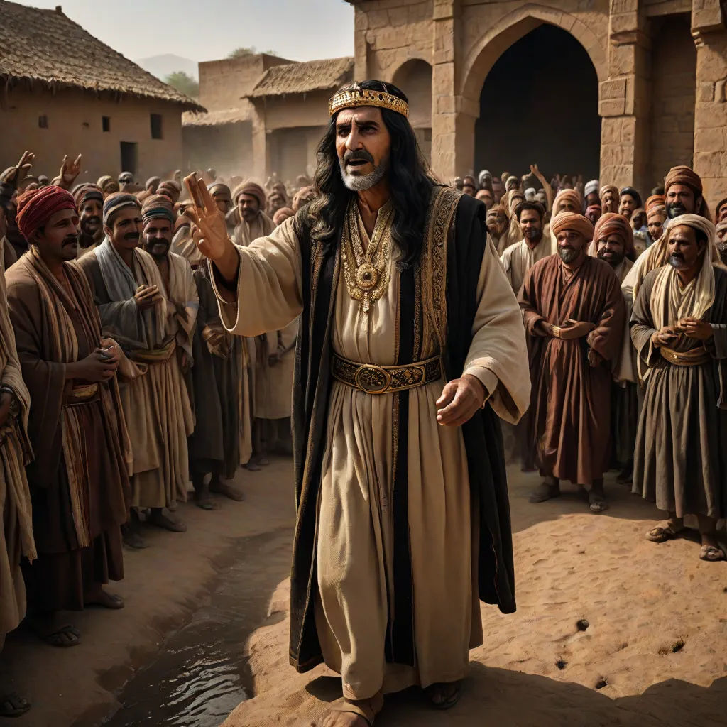 a man in a crown and a crowd of people in brown outfits stand in front of a building and shake hands, movie still, dau-al-set, a detailed matte painting, David Annand