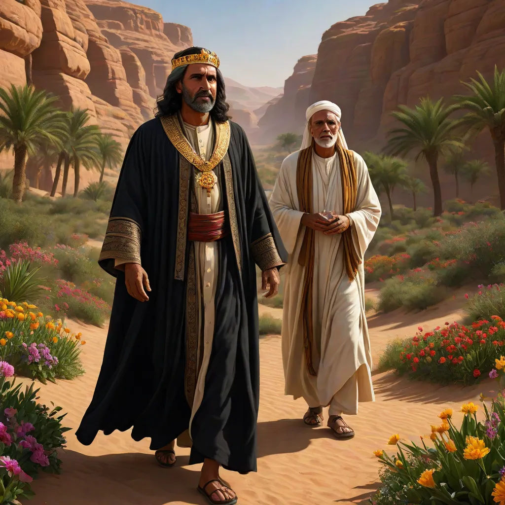 a painting of two men walking through a desert area with palm trees and flowers in the background, with a desert landscape in the background, highly detailed digital painting, les nabis, a detailed matte painting, Brothers Hildebrandt