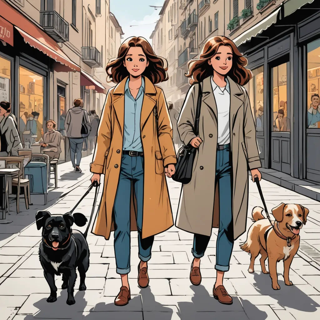 two women walking their dogs down a city street in the daytime time, with a dog on a leash, les automatistes, a comic book panel, Asaf Hanuka, official art