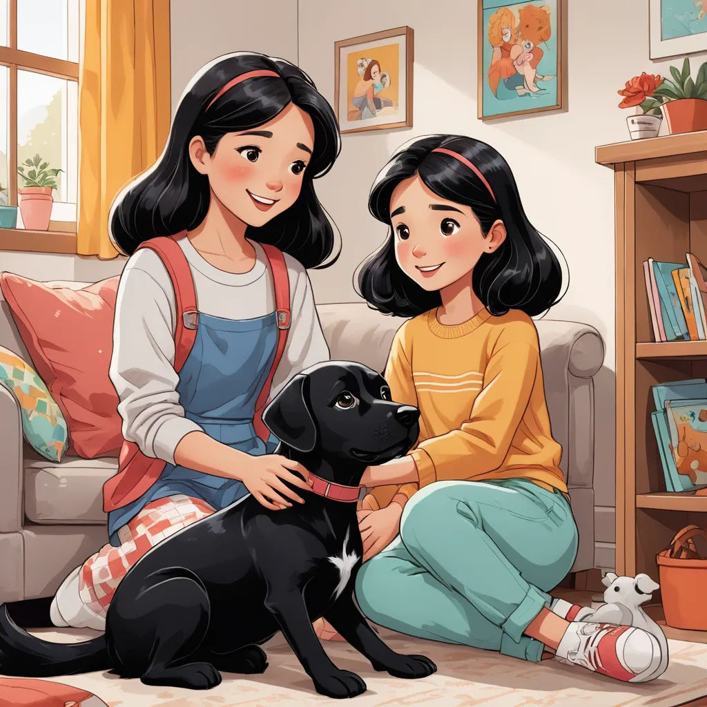 a girl and a girl sitting on a couch with a dog in front of them and a cat on the floor, lyco art, a storybook illustration, disney, storybook illustration