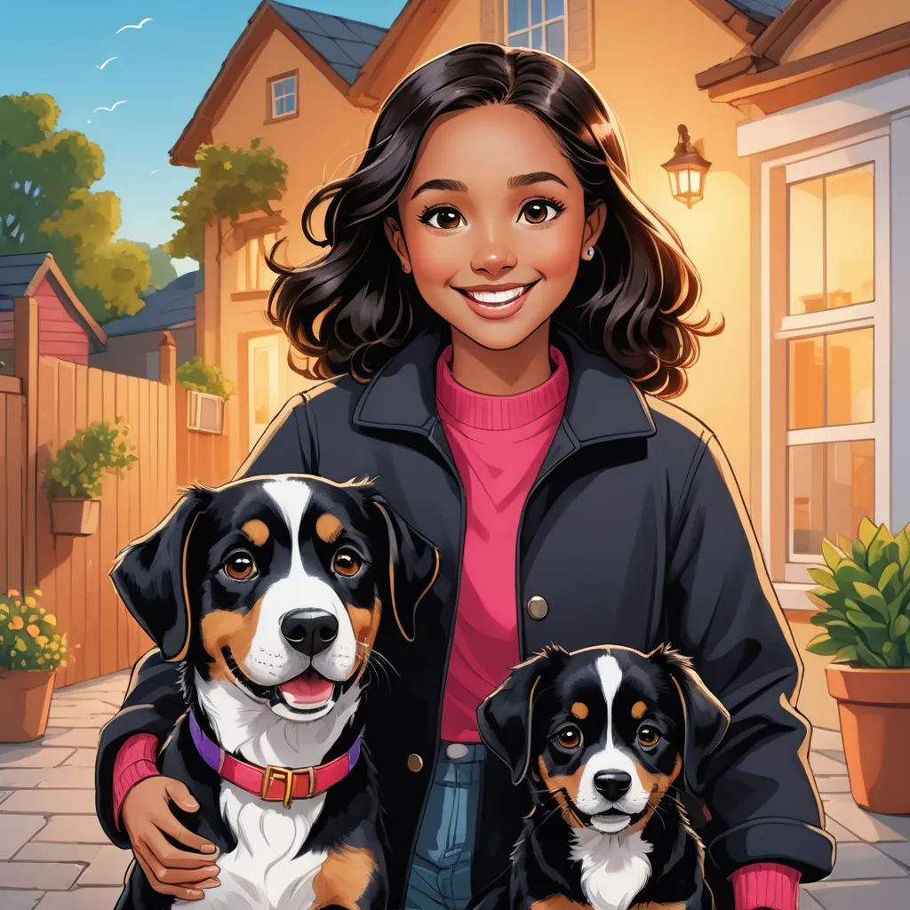 a woman standing next to two dogs in front of a house with a house in the background and a potted plant, american scene painting, a storybook illustration, Chris Rallis, comic cover art