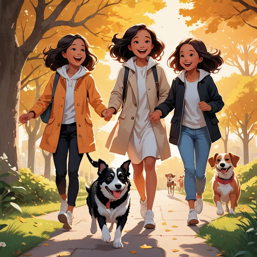 a painting of three girls walking with a dog on a path in the woods with trees and leaves on either side of them, process art, a storybook illustration, Atey Ghailan, official art