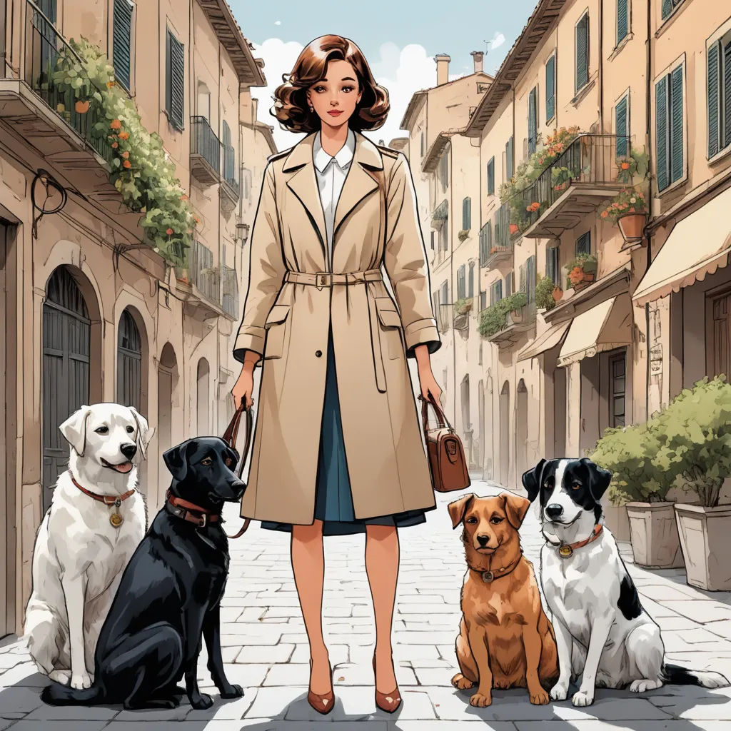 a woman in a trench coat standing between two dogs on a city street with buildings in the background and a woman in a blue dress, serial art, a comic book panel, Florence Engelbach, comic cover art