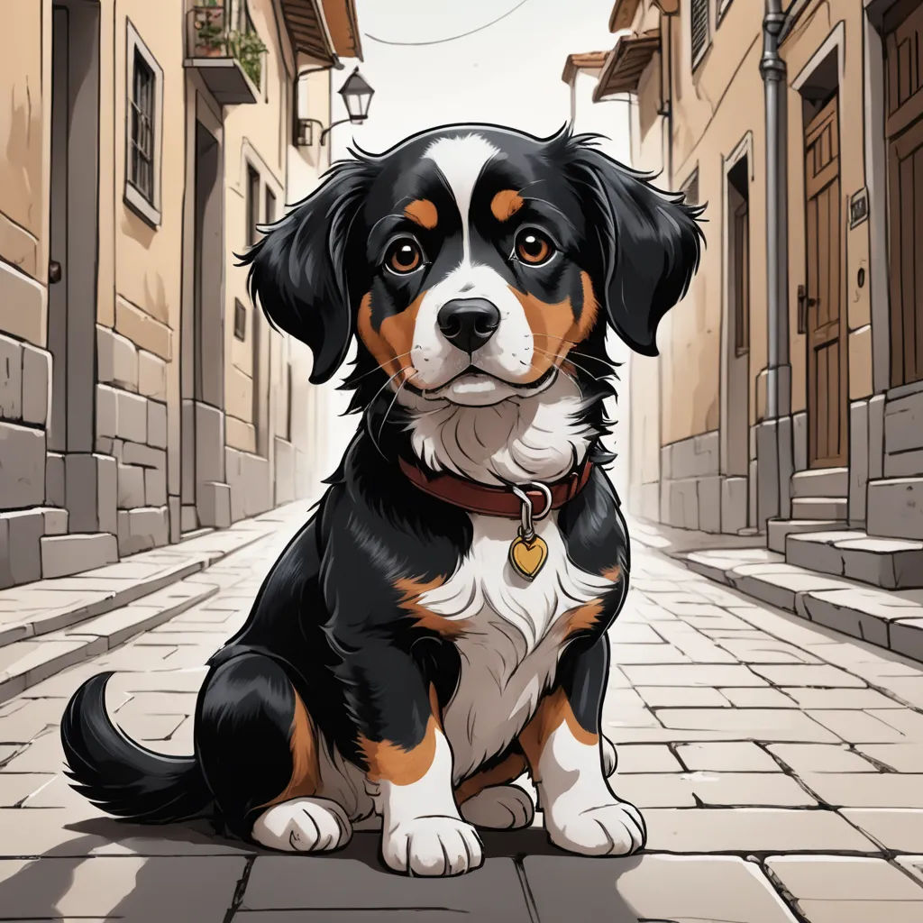 a dog sitting on a cobblestone street in a city with buildings and a lamppost overhead, looking at the camera, serial art, a comic book panel, Diego Gisbert Llorens, 2 d game art