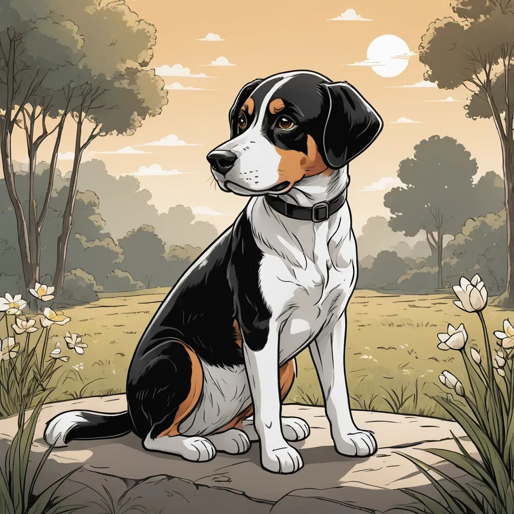 a dog sitting on a rock in a field of flowers and trees with a sunset in the background and a dog sitting on a rock, furry art, a character portrait, David Brewster, character portrait