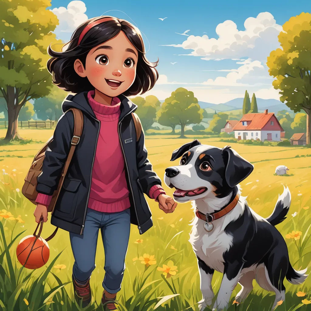 a girl is walking with a dog in a field of flowers and trees, holding a basketball ball in her hand, american scene painting, a storybook illustration, Atey Ghailan, official art