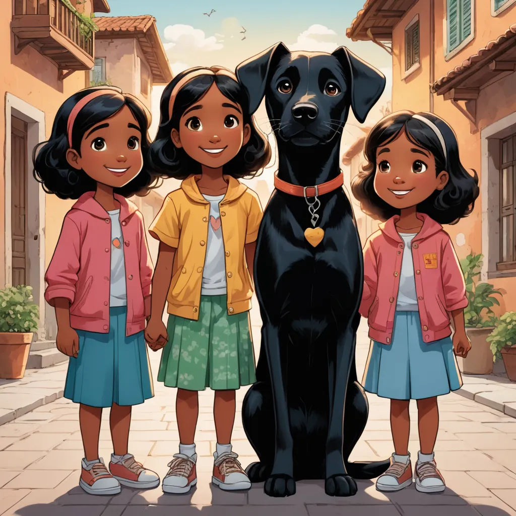 three girls standing next to a black dog on a sidewalk in front of a building with a dog on it, serial art, a storybook illustration, Ella Guru, comic cover art