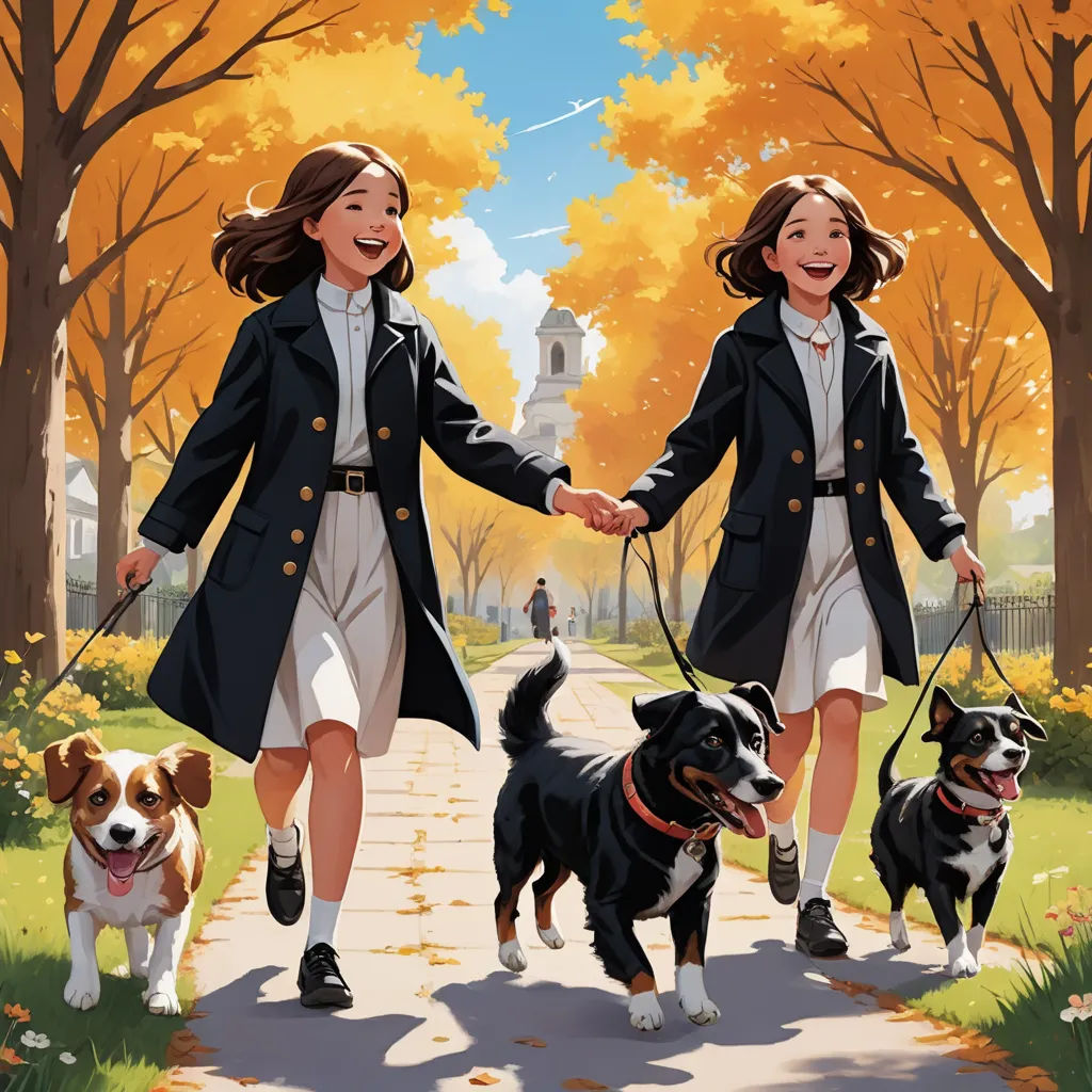 two girls walking two dogs on a leash in a park with trees and a clock tower in the background, american scene painting, a storybook illustration, Brothers Hildebrandt, official art