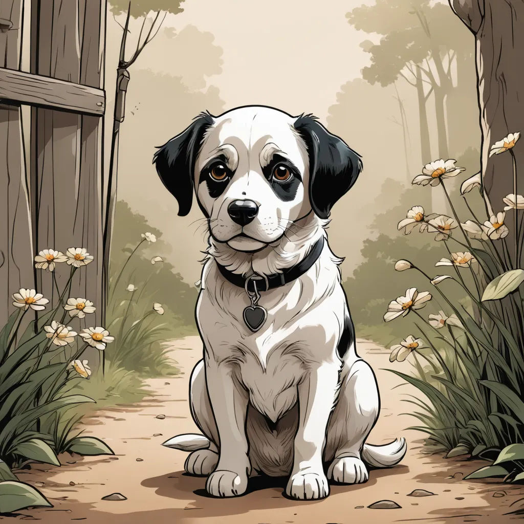 a dog sitting in the dirt near a fence and flowers in the background with a wooden gate in the background, furry art, a character portrait, David Brewster, character portrait