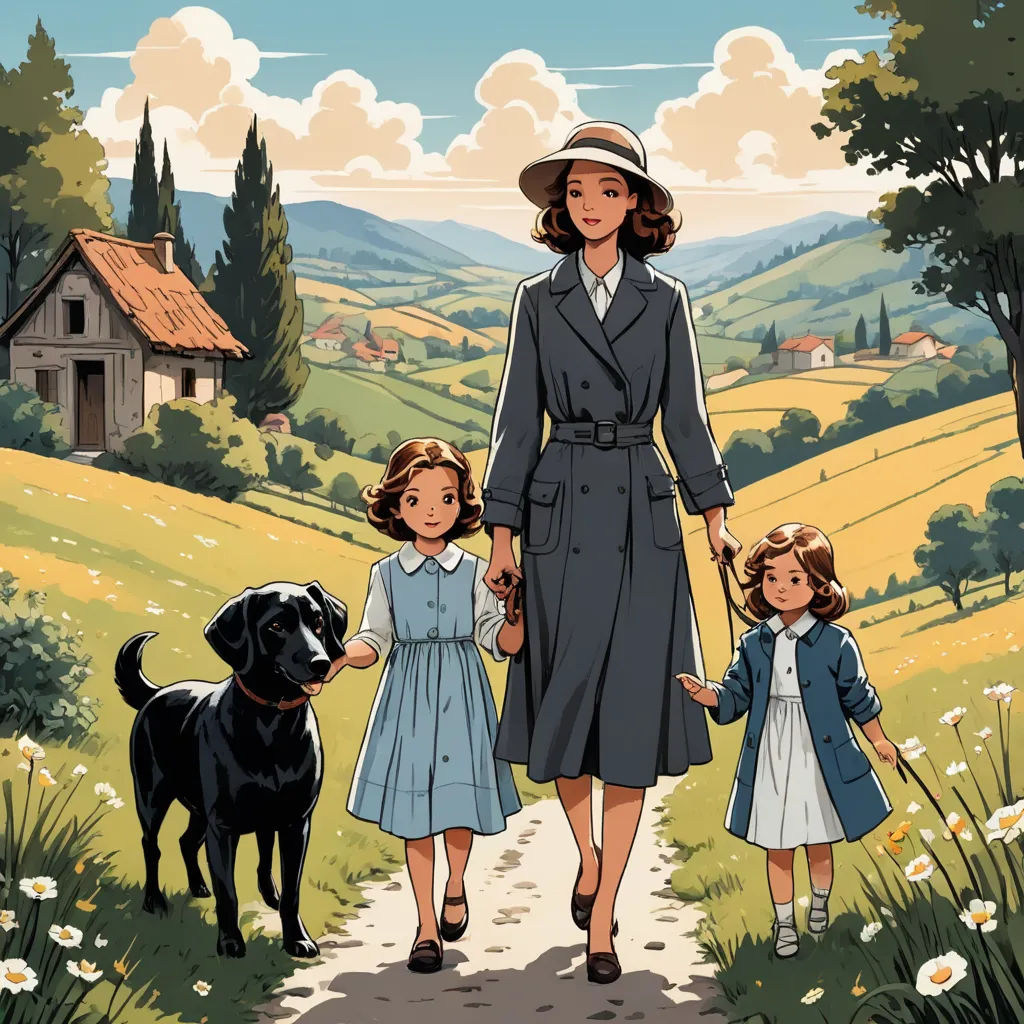 a woman and two children walking down a path with a dog on a leash in front of a rural landscape, serial art, a comic book panel, Atey Ghailan, official art