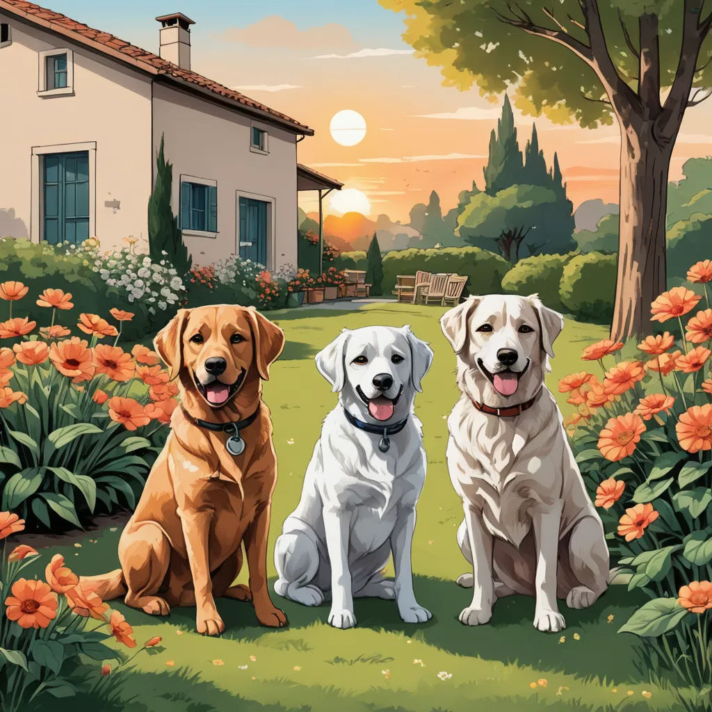 two dogs sitting in the grass near a house and flowers at sunset with a house in the background and a dog sitting in the grass, american scene painting, a storybook illustration, Brothers Hildebrandt, key art