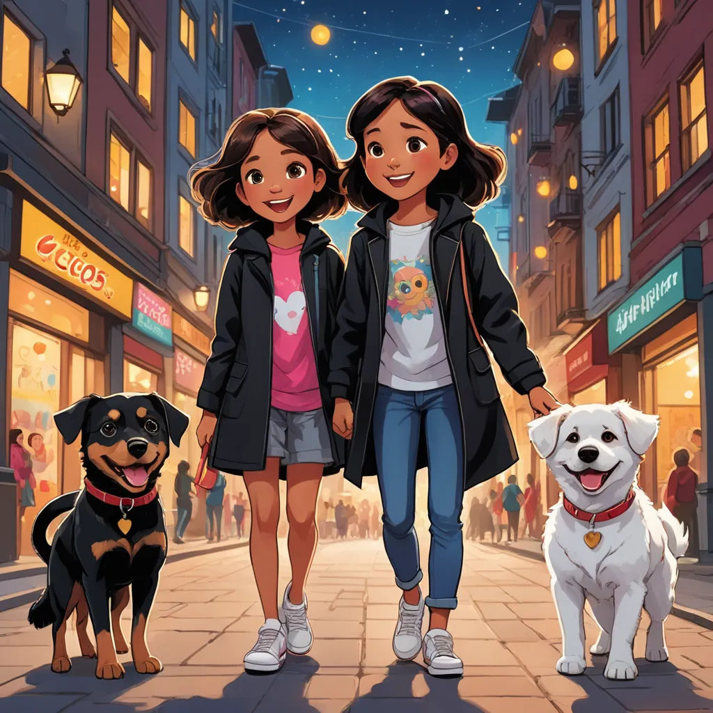 two girls and a dog are walking down the street at night with a full moon in the sky above them, process art, a storybook illustration, disney, comic cover art