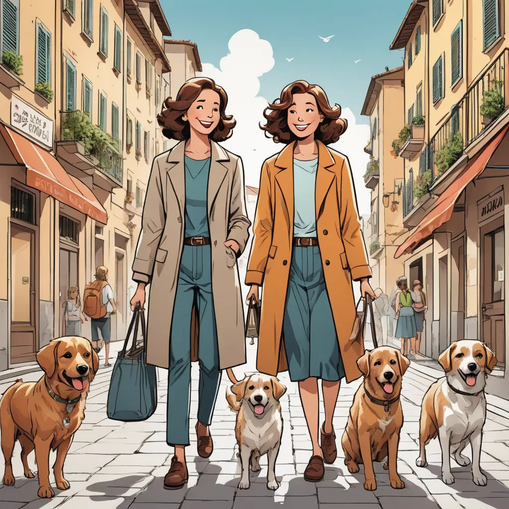 two women walking down a street with dogs on leashes and a man walking behind them with a cane, les automatistes, a comic book panel, Brothers Hildebrandt, comic cover art