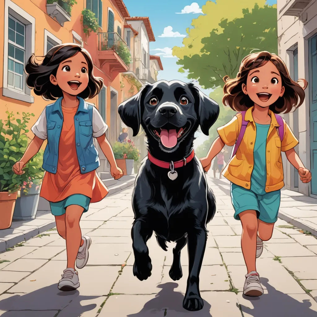 a black dog and two girls walking down a street with a dog on the leash and a building in the background, lyco art, a storybook illustration, Diego Gisbert Llorens, official art