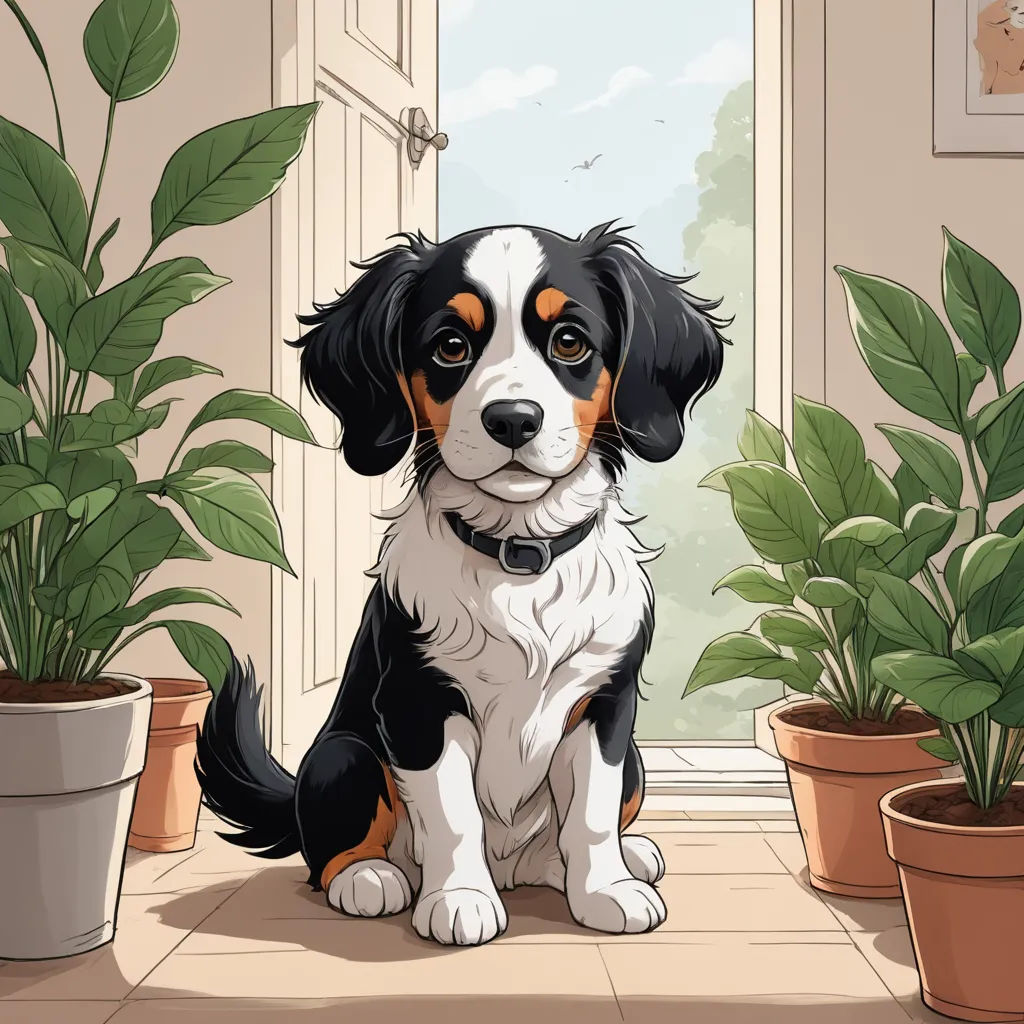 a dog sitting in front of a potted plant next to a door way with a potted plant, furry art, a storybook illustration, David Brewster, game art