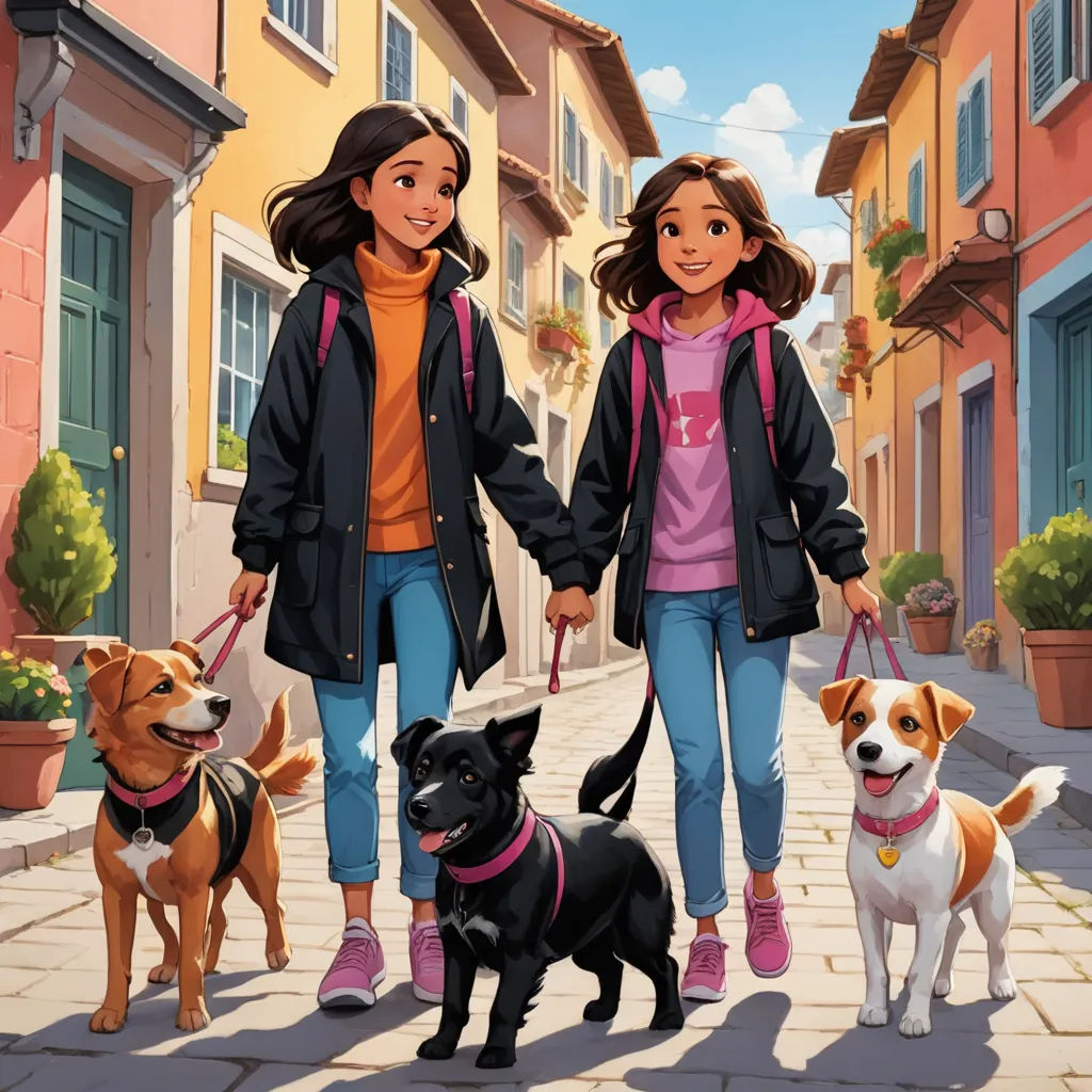 a couple of girls walking two dogs down a street with buildings in the background and a dog on a leash, lyco art, a storybook illustration, Diego Gisbert Llorens, comic cover art