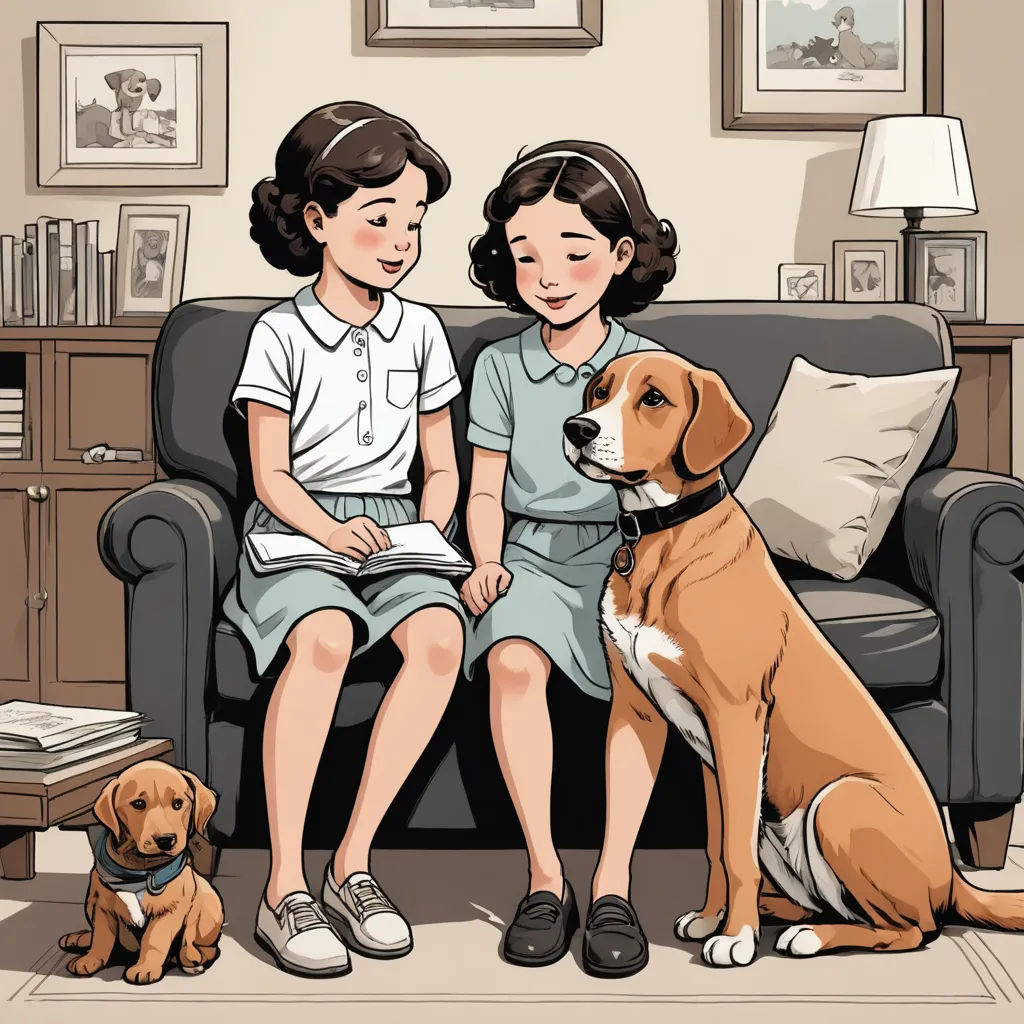 a couple of kids sitting on a couch next to a dog and a dog sitting on the floor next to a couch, serial art, a storybook illustration, Ada Gladys Killins, official art