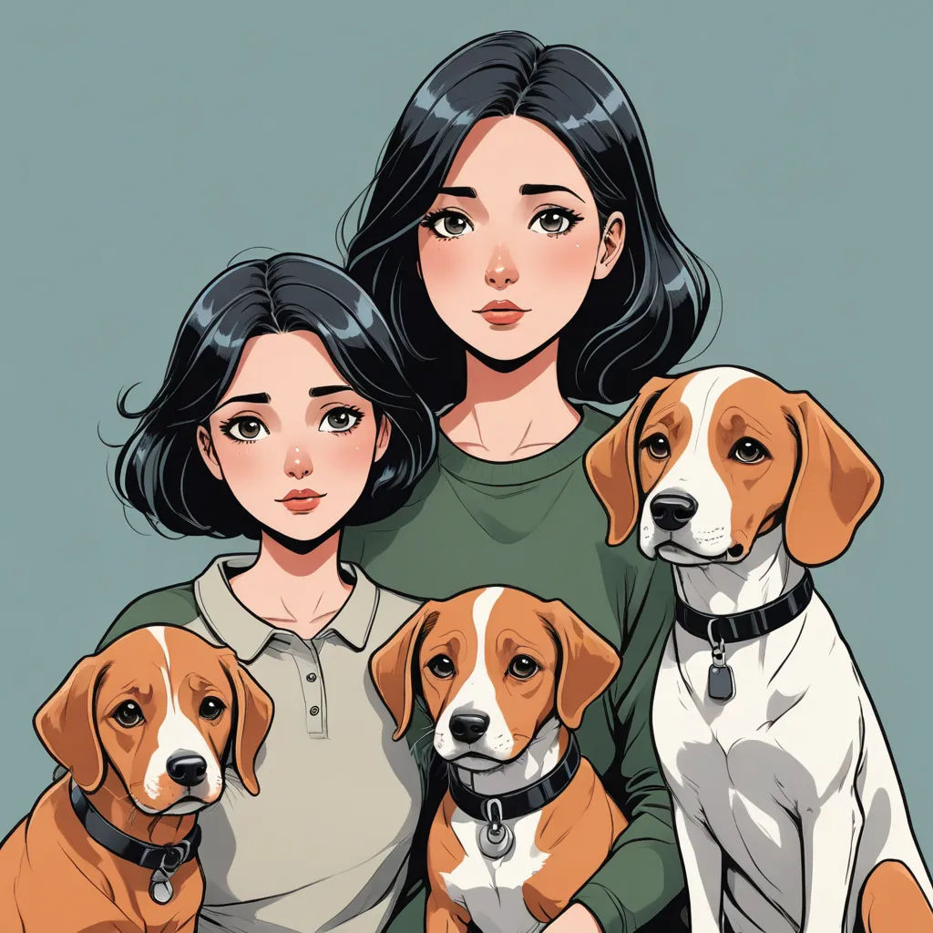 a woman and two dogs are standing next to each other, with a blue background and a green background, furry art, a comic book panel, Atey Ghailan, comic cover art
