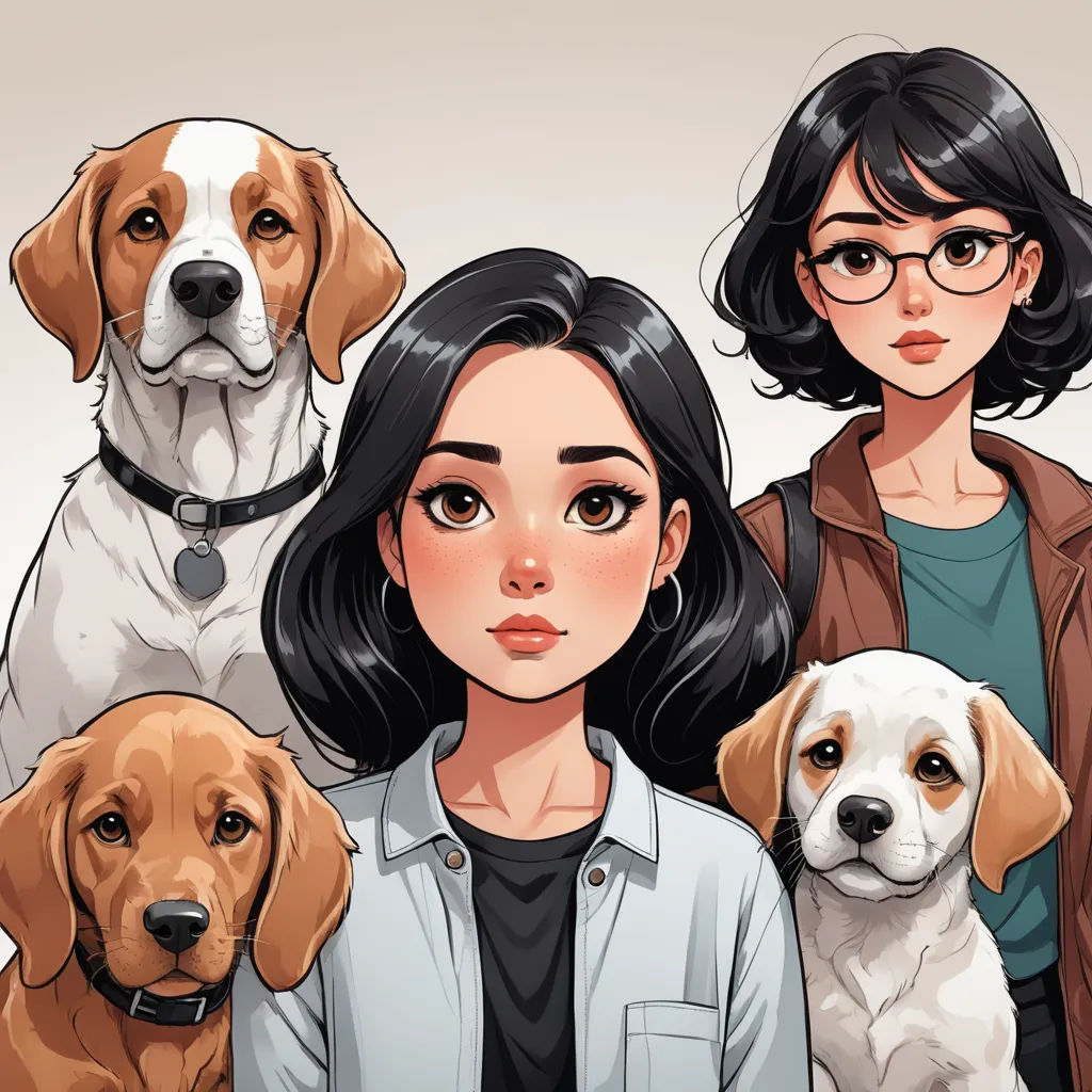 a woman standing between two dogs and a man with glasses on his head and a dog on his shoulder, furry art, a comic book panel, Atey Ghailan, comic cover art