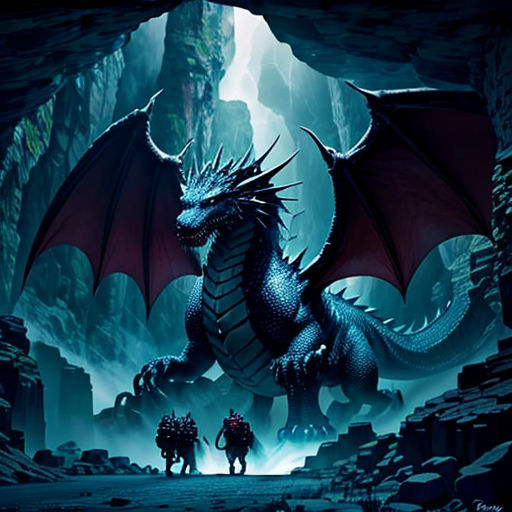 a dragon with two men standing in front of it in a cave with a mountain background and a cave entrance