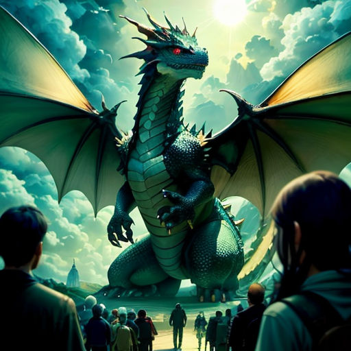 a dragon is standing in front of a crowd of people in a fantasy setting with a sky background and clouds