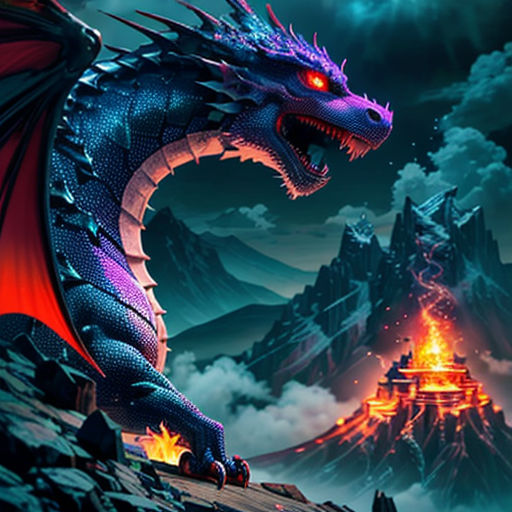 a dragon with red eyes is standing on a rock in front of a castle and a mountain with a castle on it